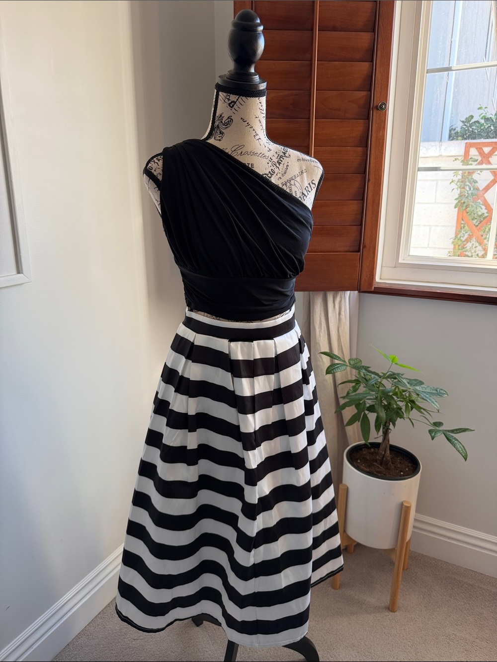 One-Shoulder Black & White Striped Midi Two Piece
